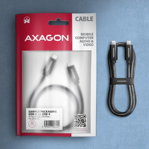AXAGON BUCM2-CM10AB Kabel USB-C - USB-C, 1.0m 5A charging, ALU, 240W PD, oplot, USB2.0, czarny