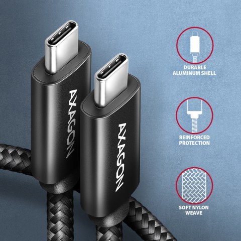 AXAGON BUCM2-CM15AB Kabel USB-C - USB-C, 1.5m 5A charging, ALU, 240W PD, oplot, USB2.0, czarny