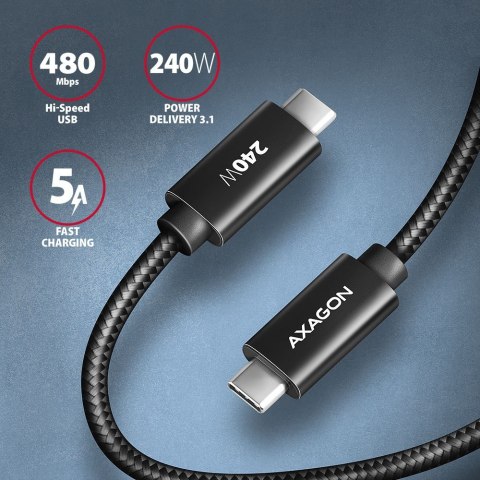 AXAGON BUCM2-CM25AB Kabel USB-C - USB-C, 2.5m 5A charging, ALU, 240W PD, oplot, USB2.0, czarny