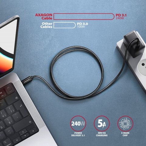 AXAGON BUCM2-CM25AB Kabel USB-C - USB-C, 2.5m 5A charging, ALU, 240W PD, oplot, USB2.0, czarny