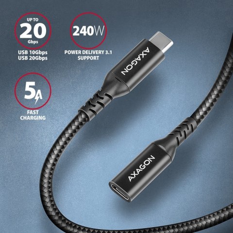 AXAGON Kabel przedłużacz BUCM32-CF05AB Gen2 USB-C - USB-C 0.5m, 5A, 20Gbps, PD 240W, oplot, czarny