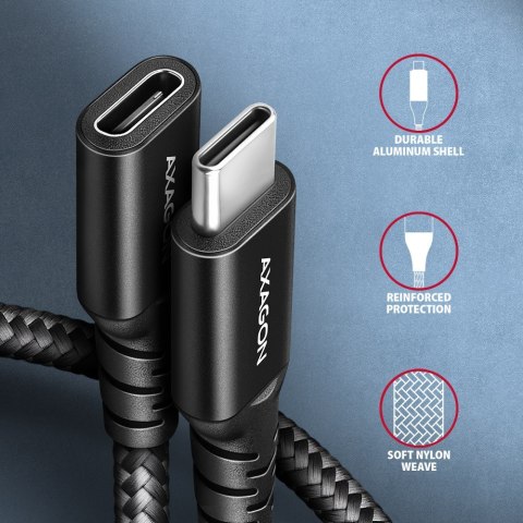 AXAGON Kabel przedłużacz BUCM32-CF05AB Gen2 USB-C - USB-C 0.5m, 5A, 20Gbps, PD 240W, oplot, czarny