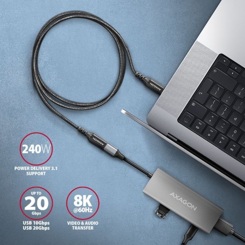 AXAGON Kabel przedłużacz BUCM32-CF05AB Gen2 USB-C - USB-C 0.5m, 5A, 20Gbps, PD 240W, oplot, czarny