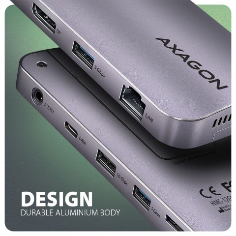 AXAGON HMC-12GM2 Wieloportowy hub USB 12in1 + M.2 NVMe/SATA pozycja, 10Gbps, 3x USB-A, USB-C, HDMI 4K/60Hz, DP 4K/60Hz, GLAN, SD/microS