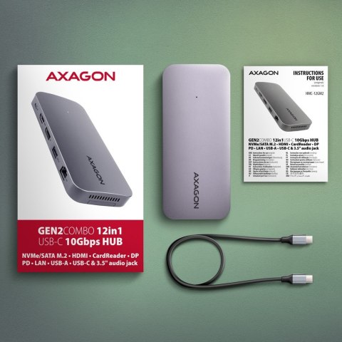AXAGON HMC-12GM2 Wieloportowy hub USB 12in1 + M.2 NVMe/SATA pozycja, 10Gbps, 3x USB-A, USB-C, HDMI 4K/60Hz, DP 4K/60Hz, GLAN, SD/microS