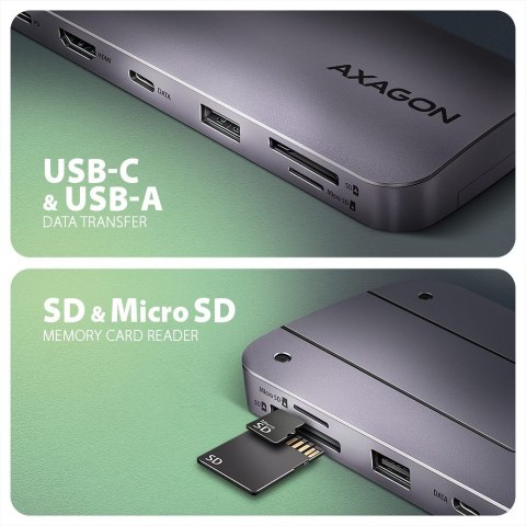 AXAGON HMC-6GM2 Wieloportovy hub USB 6in1, 10Gbps, USB-A, USB-C, HDMI 4K/60Hz, M.2 NVMe/SATA, SD/microSD, PD 100W, 20cm USB-C kabel