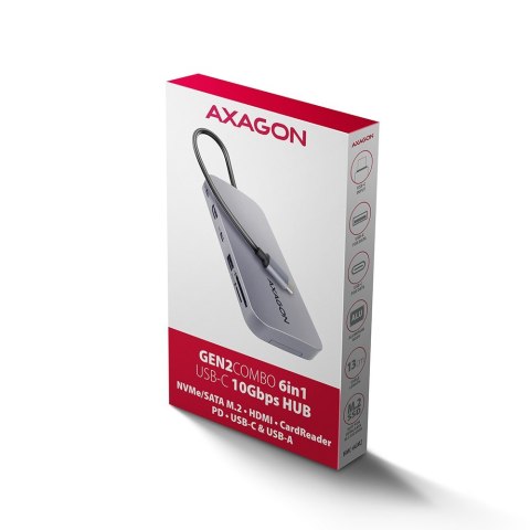 AXAGON HMC-6GM2 Wieloportovy hub USB 6in1, 10Gbps, USB-A, USB-C, HDMI 4K/60Hz, M.2 NVMe/SATA, SD/microSD, PD 100W, 20cm USB-C kabel