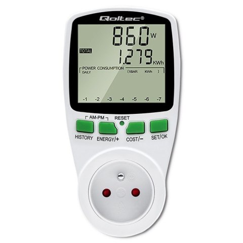 Qoltec Watomierz Licznik zużycia energii PM0627 z historią pomiaru | 3680W | 16A | LCD