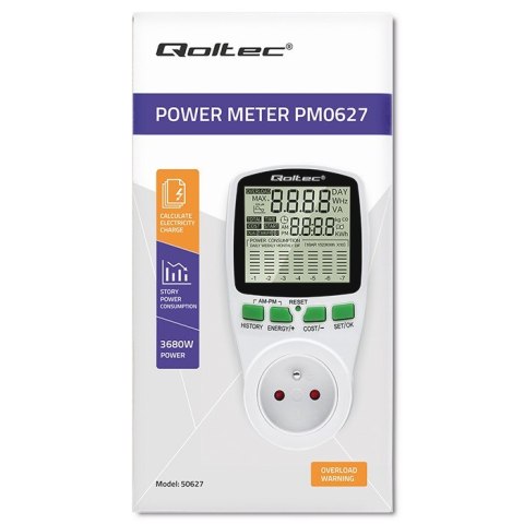Qoltec Watomierz Licznik zużycia energii PM0627 z historią pomiaru | 3680W | 16A | LCD