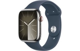 Apple Watch Series 9 GPS + Cellular, 45mm Koperta ze stali nierdzewnej w kolorze srebrnym z paskiem sportowym w kolorze sztormowego bł