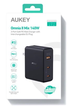 AUKEY PA-B7O Omnia II GaN ładowarka sieciowa 3xUSB (2xUSB C+1xUSBA) 140W PD3.1 PPS EU/US/UK