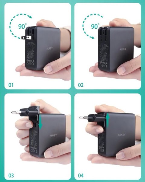 AUKEY PA-B7O Omnia II GaN ładowarka sieciowa 3xUSB (2xUSB C+1xUSBA) 140W PD3.1 PPS EU/US/UK