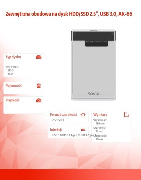 Savio Zewnętrzna obudowa na dysk HDD/SSD 2.5", USB 3.0, AK-66, transparentna