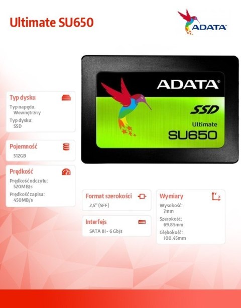Adata Dysk SSD Ultimate SU650 512GB 2.5 S3 3D TLC Retail