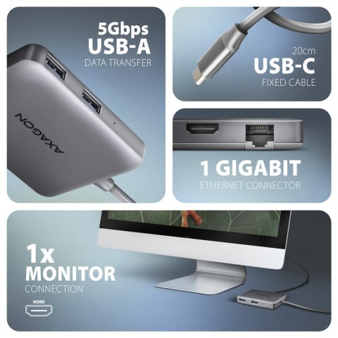 AXAGON HMC-5HL Wieloportowy hub USB 5in1, 5Gbps, 2x USB-A, HDMI 4K/60Hz, GLAN, PD 100W, 15cm USB-C kabel