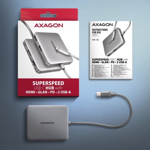 AXAGON HMC-5HL Wieloportowy hub USB 5in1, 5Gbps, 2x USB-A, HDMI 4K/60Hz, GLAN, PD 100W, 15cm USB-C kabel