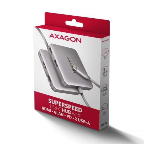 AXAGON HMC-5HL Wieloportowy hub USB 5in1, 5Gbps, 2x USB-A, HDMI 4K/60Hz, GLAN, PD 100W, 15cm USB-C kabel