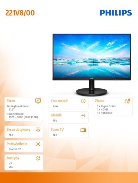 Philips Monitor 21,5 cali 221V8 VA HDMI