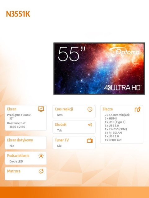 Optoma Monitor wielkoformatowy 55 cali N3551K matowy 24h/7,450cd/m2,USB-C,4K UHD (3840 x 2160),Android 11,Wifi+BT,OMS kod producenta 