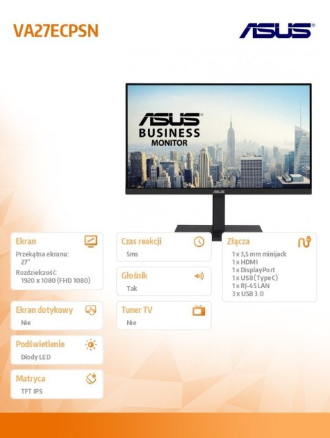 Asus Monitor 27 cali VA27ECPSN DP, HDMI, TYPEC, 3XUSB, RJ45, GŁOŚNIKI
