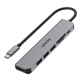 Hub USB-C Unitek H1118A 7w1, HDMI 4K, 3x USB-A, USB-C PD 100W, alu