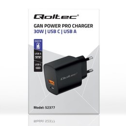 Qoltec Ładowarka GaN Power Pro | 1xUSB-C | 1xUSB | 30W | 5-20V | 1.5-3A | Czarna