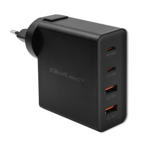 Qoltec Ładowarka GaN Power Pro | 2xUSB-C | 2xUSB | 130W | 5-20V | 1.5-5A| PD | Czarna