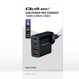 Qoltec Ładowarka GaN Power Pro | 2xUSB-C | 2xUSB | 130W | 5-20V | 1.5-5A| PD | Czarna