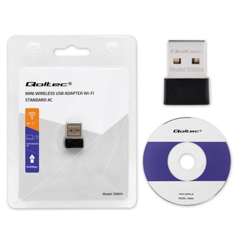 Qoltec Ultraszybki bezprzewodowy mini adapter USB Wi-Fi | standard AC | 650Mbps