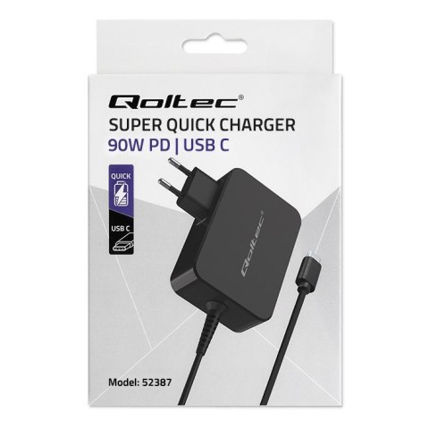 Qoltec Ładowarka GaN Power Pro | 1xUSB-C | 90W | 5-20V | 3-4.5A | Czarna