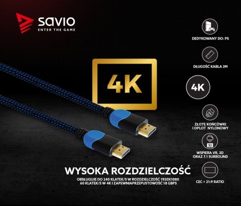 Savio Kabel HDMI 2.0 niebiesko-czarny 3m, GCL-05