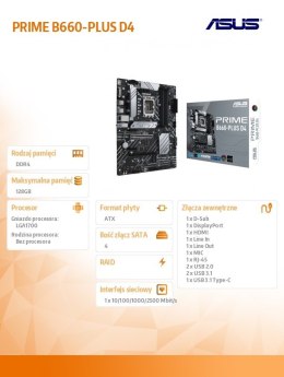 Asus Płyta główna PRIME B660-PLUS D4 s1700 4DDR4 DP/HDMI M.2 ATX