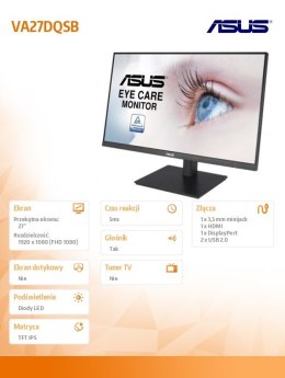 Asus Monitor 27 cali VA27DQSB IPS DP HDMI VGA USBx2 PIVOT Głośnik