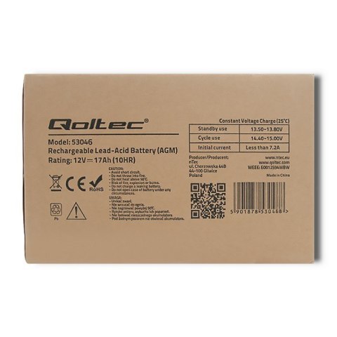 Qoltec Akumulator AGM 12V | 17Ah | max. 255A