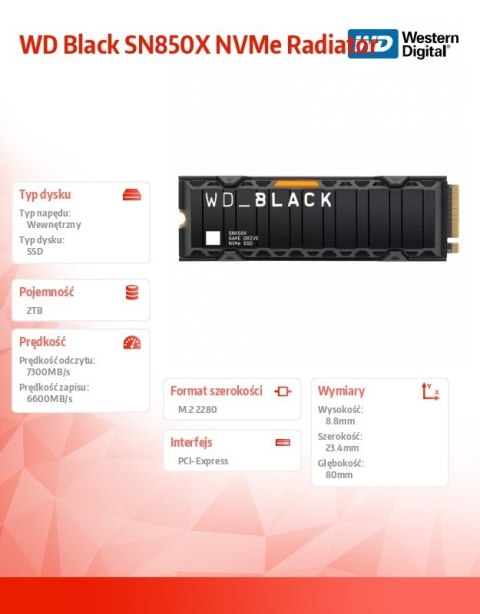 Western Digital Dysk SSD Black 2TB SN850X NVMe M.2 PCIe Radiator