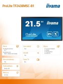 IIYAMA Monitor wielkoformatowy 21.5 cala TF2238MSC-B1 IPS,FHD,DP,HDMI,2x2W,2xUSB,600(cd/m2), 10pkt.7H,IP1X(Front),Pion/Poziom