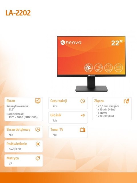 AG NEOVO Monitor 22 cale LA-2202 HDMI DP D-SUB