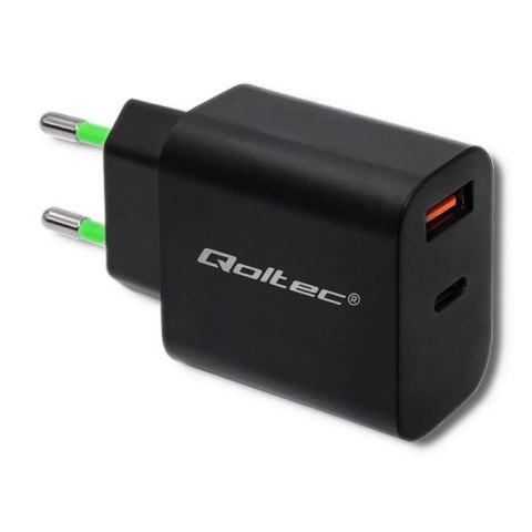 Qoltec Ładowarka sieciowa | 18W | 5-12V | 1.5-3A | USB typ C PD | USB QC 3.0 | Czarna