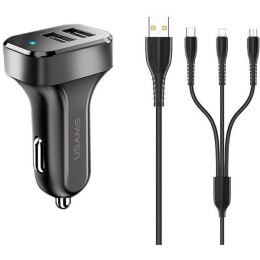 USAMS Ładowarka samochodowa 2xUSB 2,1A 3w1 kable microUSB/USB-C/Lightning