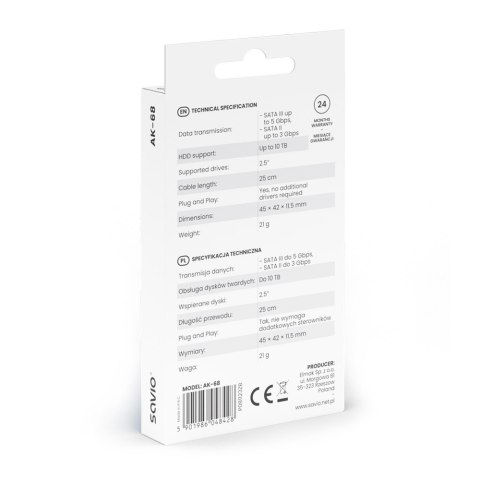 Savio Adapter USB-A 3.1 Gen 1 (M) - SATA (F) do dysków SATA 2.5 cala , AK-68