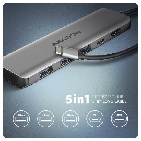 AXAGON HMC-5H Wieloportowy hub USB 5in1, 5Gbps, 3x USB-A, HDMI 4K/30Hz, PD 100W, 100cm USB-C kabel