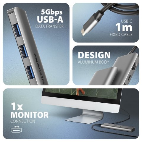 AXAGON HMC-5H Wieloportowy hub USB 5in1, 5Gbps, 3x USB-A, HDMI 4K/30Hz, PD 100W, 100cm USB-C kabel