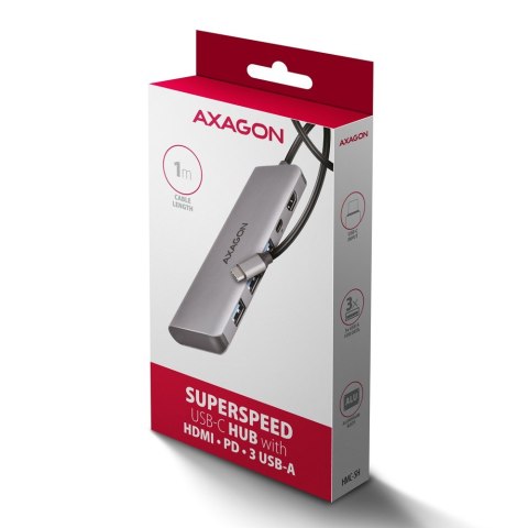 AXAGON HMC-5H Wieloportowy hub USB 5in1, 5Gbps, 3x USB-A, HDMI 4K/30Hz, PD 100W, 100cm USB-C kabel