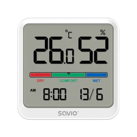 Savio Czujnik temperatury i wilgotności, do użytku wewnętrznego, ekran LCD, zegar, data, uchwyt z magnesem, CT-01/W Biały