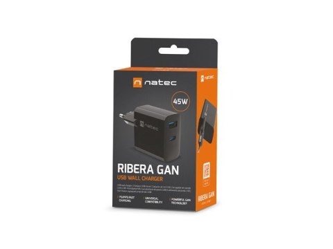 Natec Ładowarka sieciowa Ribera GAN 1X USB-A + 1X USB-C 45W Czarna