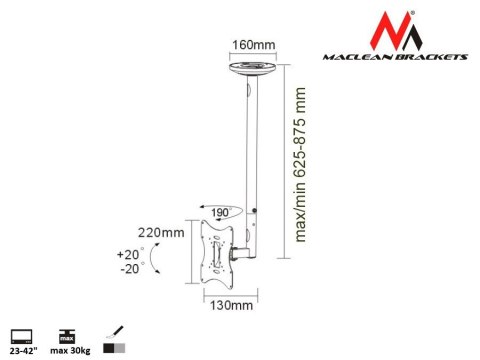 Maclean Uchwyt do telewizora sufitowy 23-42" 50 - 85 cm 30kg MC-504A B srebrny TV