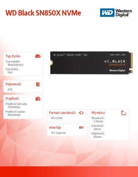 Western Digital Dysk SSD Black SN850X 2TB NVMe 2280 M2