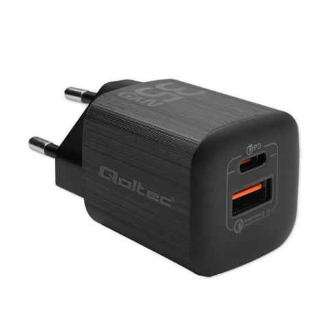 Ładowarka sieciowa Qoltec 35W GaN ULTRA | 5-20V | 2.25-3A | 1 x USB typ C PD | 1 x USB QC 3.0 | Czarna