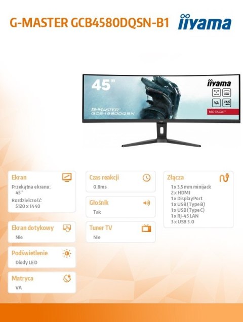 IIYAMA Monitor 45 cali G-Master GCB4580DQSN-B1, VA,DQHD,165HZ,USB-C-DOCK,RJ45,32:9, 1500R,450cd/m2,3000:1,0.8ms,3xUSB,2xHDMI,1xDP,2x3W