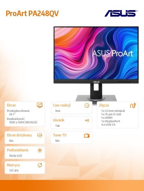 Asus Monitor 24.1 cala PA248QV IPS HDMI DP VGA 4xUSB3.0 PIVOT Głośnik
